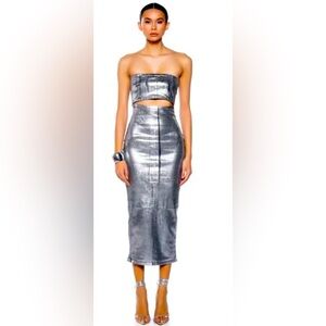 Futuristic style delivered in this metallic midi bodycon dress